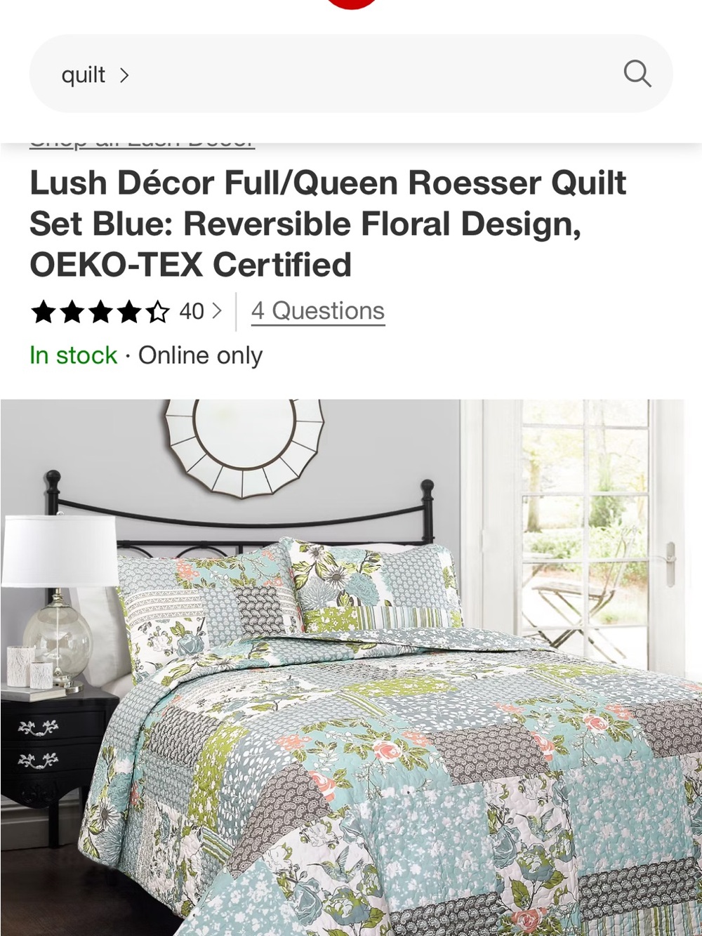 Floral Patchwork Quilt Set in Blue Sage Green and Light Gray